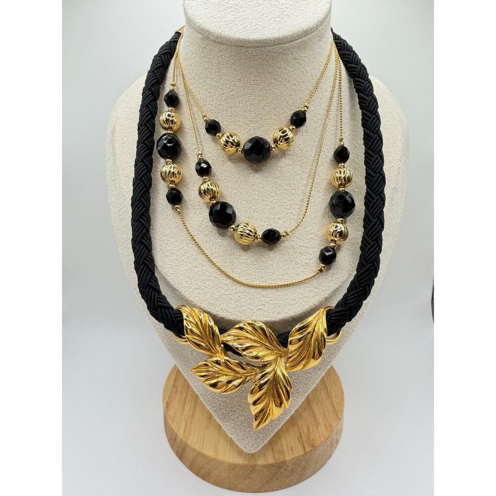 VINTAGE 80s STATEMENT Black Gold Leaf Layering Necklace Set Choker Duo